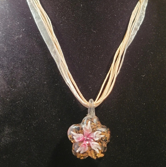 0272. New Lampwork Blown Glass Pink Flowers Surrounded by Gold ~ NEW - Picture 1 of 3